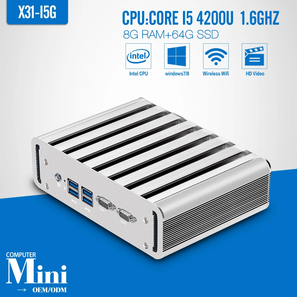  I5 4200U 8GB RAM 64GB SSD+WIFI Fanless Industrial Computer Desktop Machine Mini PC Hdmi Support Audio, Video Videoconference 