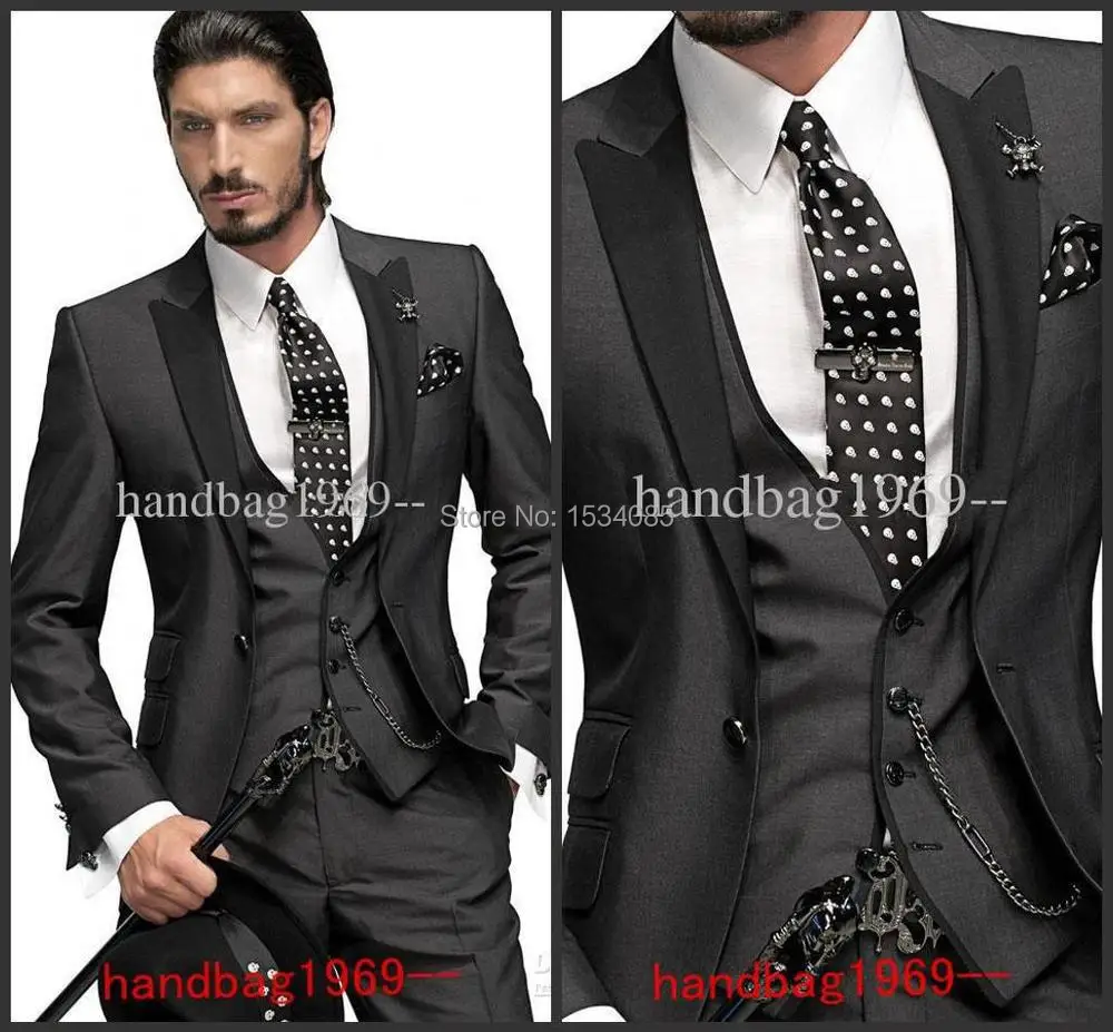2015 Custom Made One button Charcoal Groom Tuxedos Best Man Suits Groomsmen Men Wedding (Jacket+Pants+Vest+Tie) OK:324 | Мужская одежда