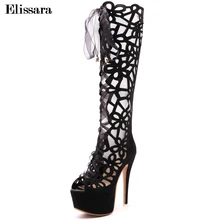 Женские летние сапоги до колена на высоком каблуке на молнии женские туфли на шпильке с открытым носком и вырезами Большие размеры 33-48, Elissara