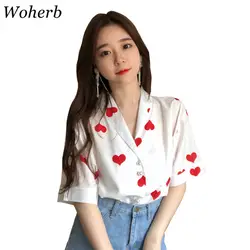 Woherb 2019 Лето Плюс Размер Женская блузка повседневная элегантная блуза с принтом в форме сердца жемчужная блузка с тесьмой 20005