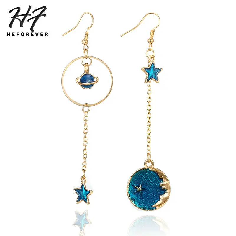 Romantic Dreaming Gold Color Sun Moon Star Earth Drop Earrings for Women Geometric Electroplate Piercing Earing Jewelry KB332