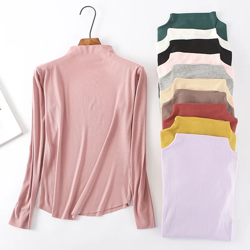 

Daily Apparel Female 2019 Fashion Casual Tee Tshirt Top Long Sleeve Pleated Cotton Mock Neck Solid Base Slim Fit T Shirt Women
