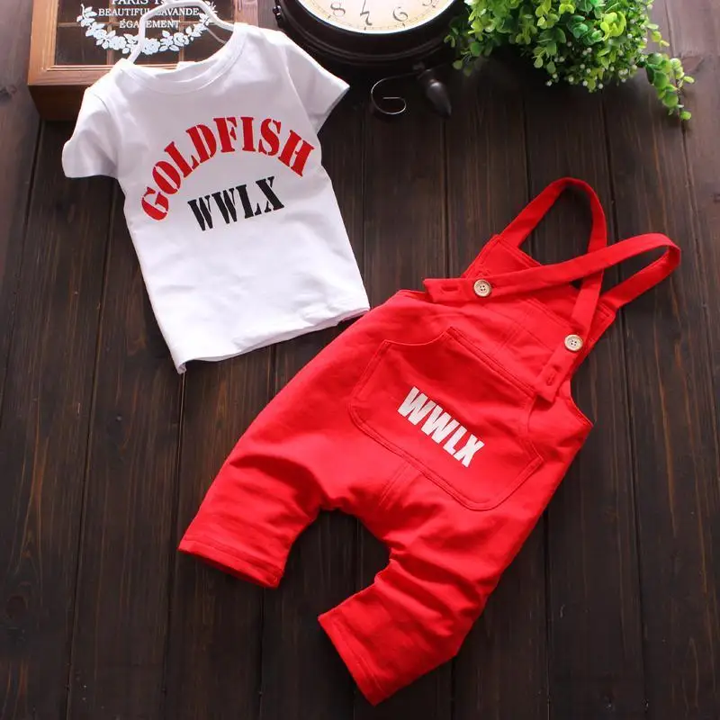 

Baby Boy Clothing Set 2017 Summer Cotton Overalls For Baby Boys Tshirt + Sling Letter Pants Infant Clothes Romper Kid Clothes