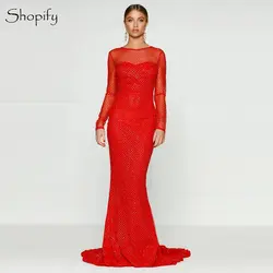 Длинное вечернее платье 2019 Русалка Стиль эластичный длинный рукав блеск блесток арабский красный для женщин вечерние платья