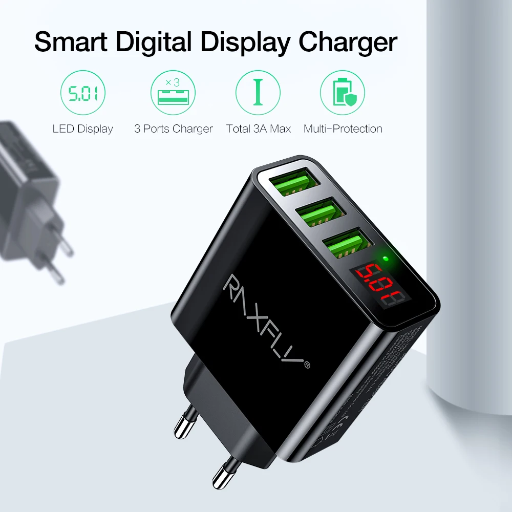 RAXFLY Универсальное зарядное устройство USB адаптер светодиодный цифровой 3 Порта