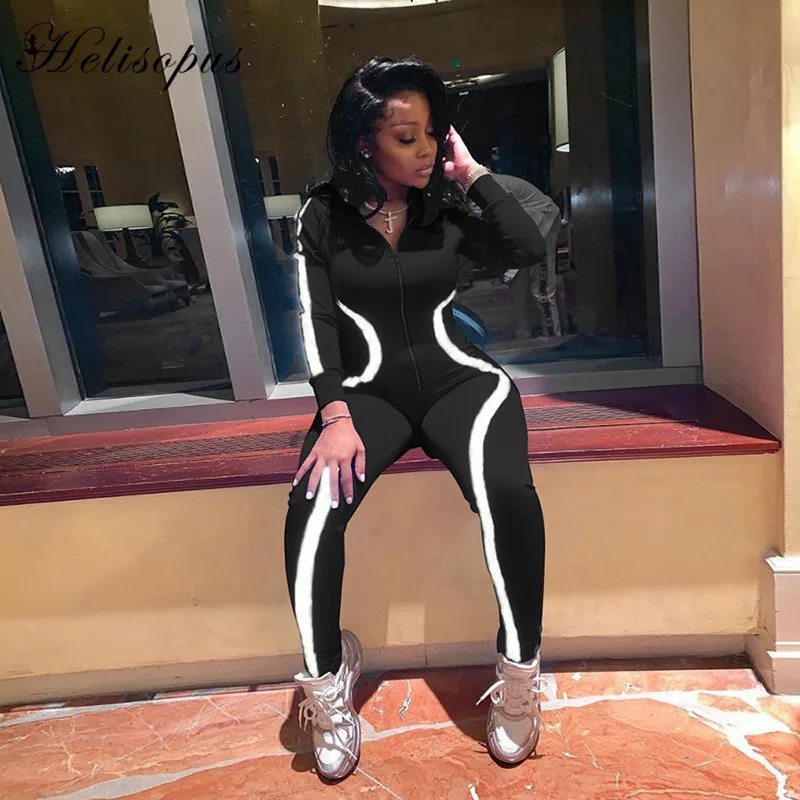 

Helisopus New Skinny Jumpsuit Summer Reflective Striped Patchwork Fitness Rompers Women Jumpsuit Zipper High Neck Playsuit