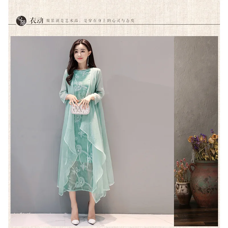 

Spring Summer Green Vintage Floral Print Dresses Women O-Neck Silk Dress Vestidos Big Size XL AA-035