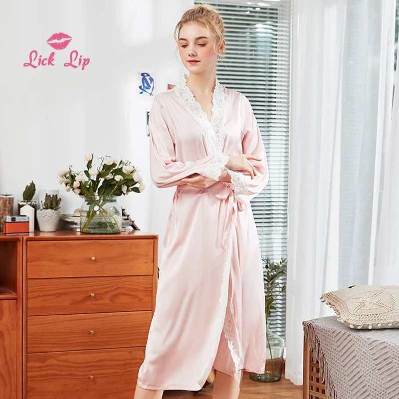 Lick Lip Wholesale Summer Satin Bathrobe Women White Lace Floral Edge