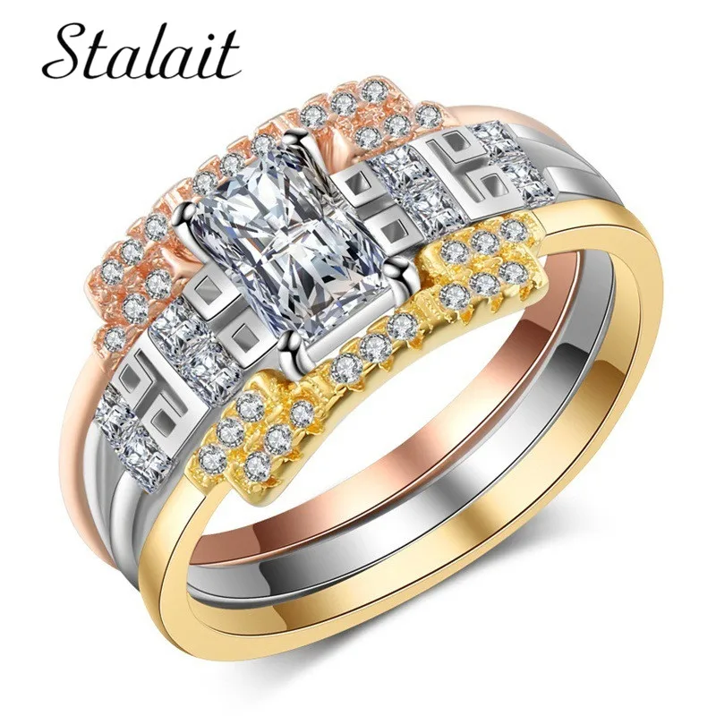 

Luxury Jewelry Square Zircon Three Pcs Rings Set Fashion Tricolor Gold Couple Rings Set Knuckle Ring for Women Wedding Bridal