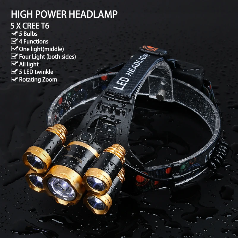 Cheap WEST BIKING Bike 5LED Headlamp Super Bright Gold Zoomable 4Modes Waterpoof T6 Cycling Head Light USB Recharge Bicycle Head Torch 1