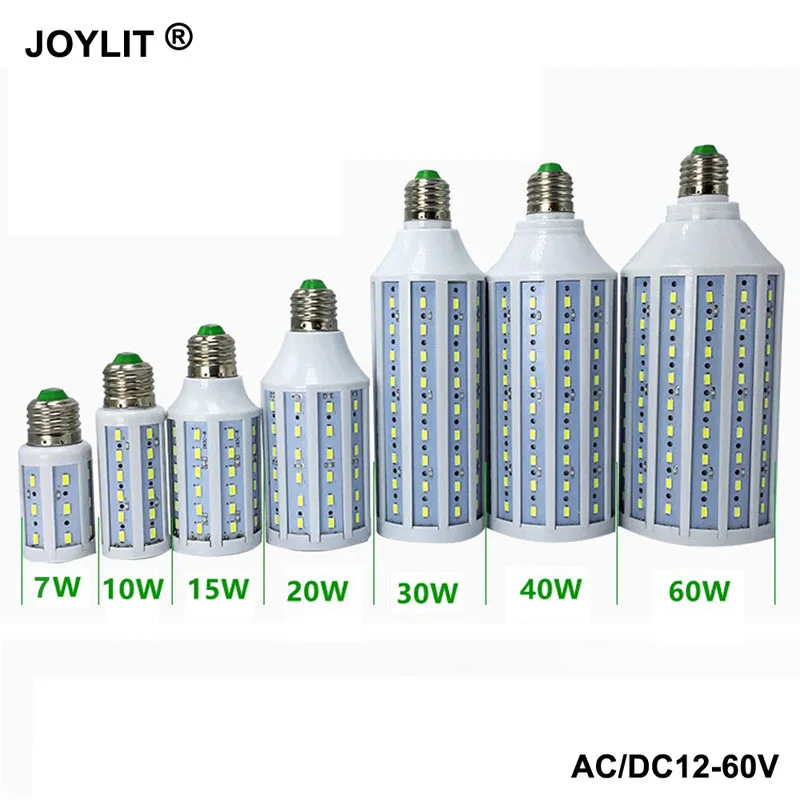 10pcs DC 12V AC/DC 12-60V 6000k 7w 10w 15w 20W 30W 40W 60W E27 36V smd 5730 light led corn bulbs warm/cool white