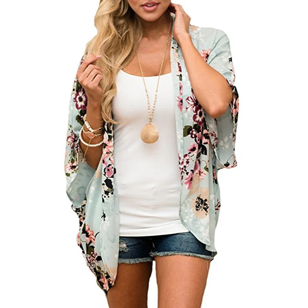 

2018 Newest Women Chiffon Cover-Up Floral Shawl Cardigan Plus Size Tops Beach Bikini Cover Up Blouse Beachwear Clothes