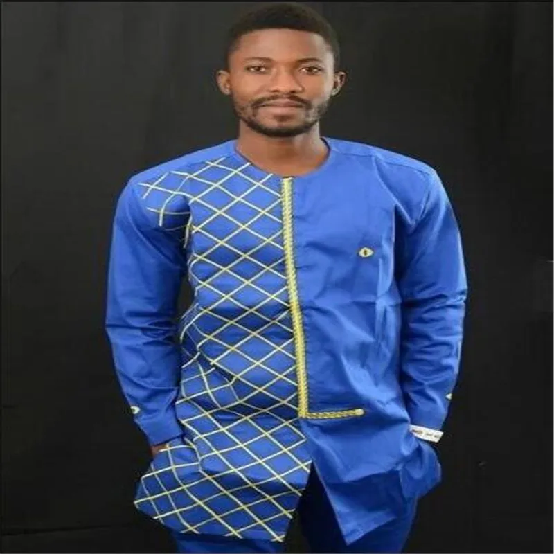 African Clothing Long-sleeved Long Shirt Round Neck Hot Sales Dresses Restoring Ancient Ways Grid printing Men Clothes (6)