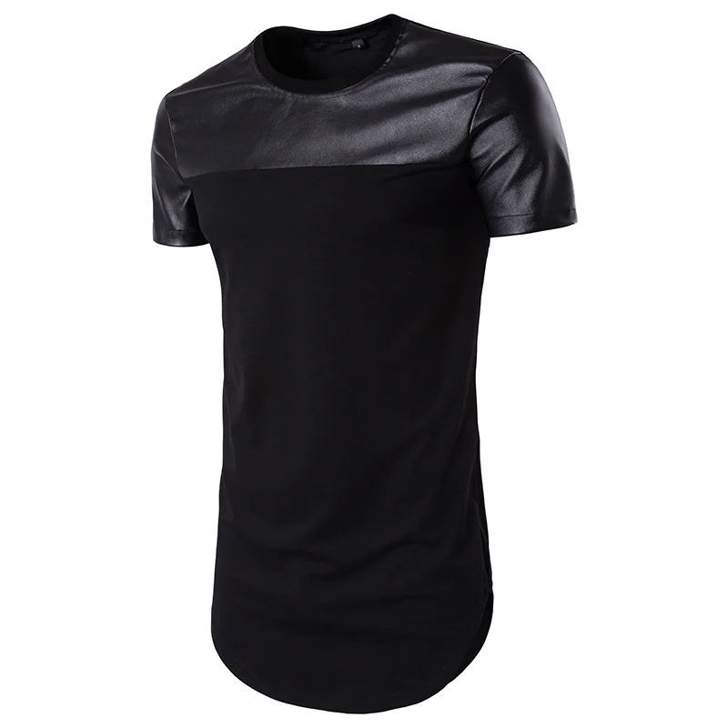 Летняя мужская длинная футболка, хлопковая футболка с коротким рукавом, повседневная кожаная мужская футболка с круглым вырезом в стиле пэчворк, хип-хоп, уличные футболки - Цвет: Black