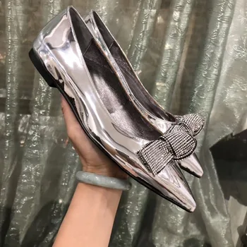 

Free shipping fashion women Casual Designer silver patent leather bow crystal strass point toe flats bride wedding shoes