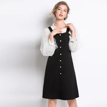 

Free shipping Lantern Sleeve elegant fake two A-line Dress spring stand collar contrast color mesh patchwork vestidos 5XL XXXXXL