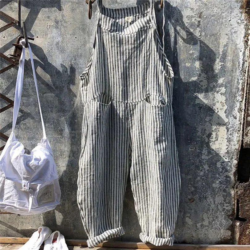 Sleeveless Overalls For Women Pocket Jumpsuit Summer Striped Rompers Womens Jumpsuit Loose Combinaison Femme 40MAY1409