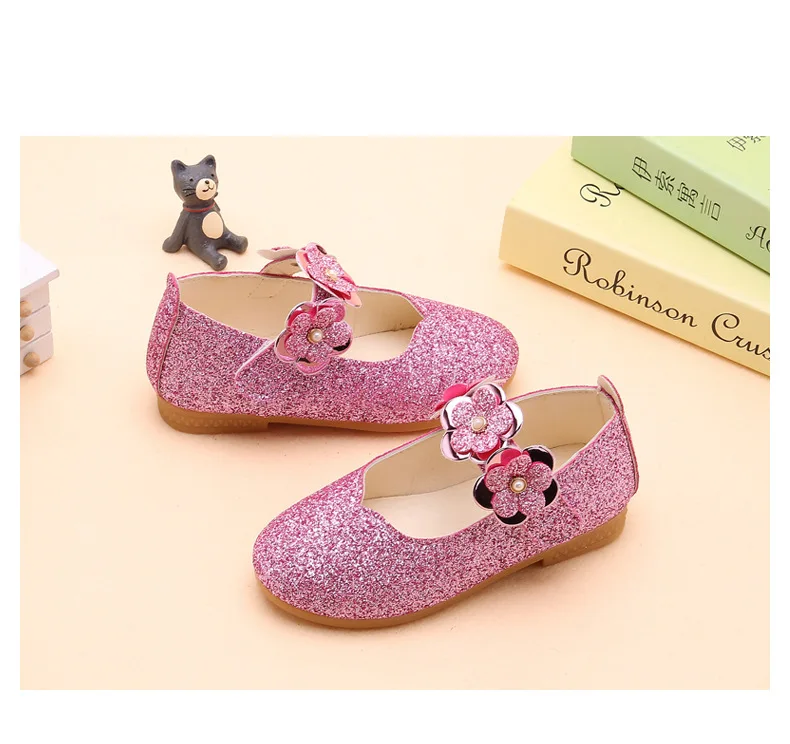 Детские туфли с цветами для маленьких девочек; нарядные туфли с блестками для девочек; школьные черные вечерние и свадебные кожаные туфли; Новинка; 36 - Цвет: pink