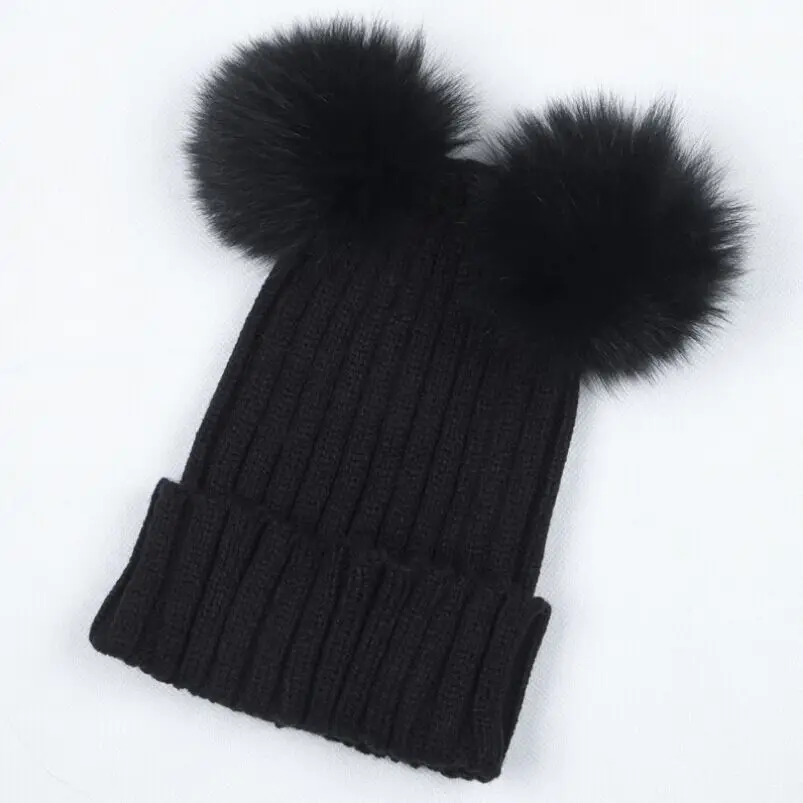 Новая шерстяная шапка женская зимняя шапка уличная плотная вязаная с двойным меховым помпоном Милая эластичная Шапка-бини - Цвет: Черный