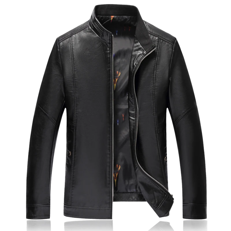 XL-8XL однотонная кожаная мужская куртка модная повседневная осенне-зимняя куртка для мужчин кожаные куртки с воротником-стойкой наивысшего качества - Цвет: Черный