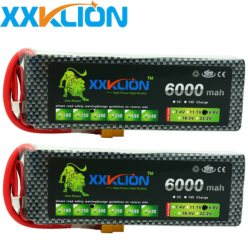 

2pcs XXKLION 4S Lipo Battery 14.8V 6000MAH 25c 30C 35c 40c RC Remote Control Helicopter Aerial Remote control car Model Battery