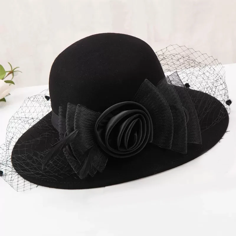 Элегантная женская шерстяная фетровая шляпа с широкими полями дамская шляпа-колокол котелок осень зима церковные шляпы женские шапки винно-красный черный