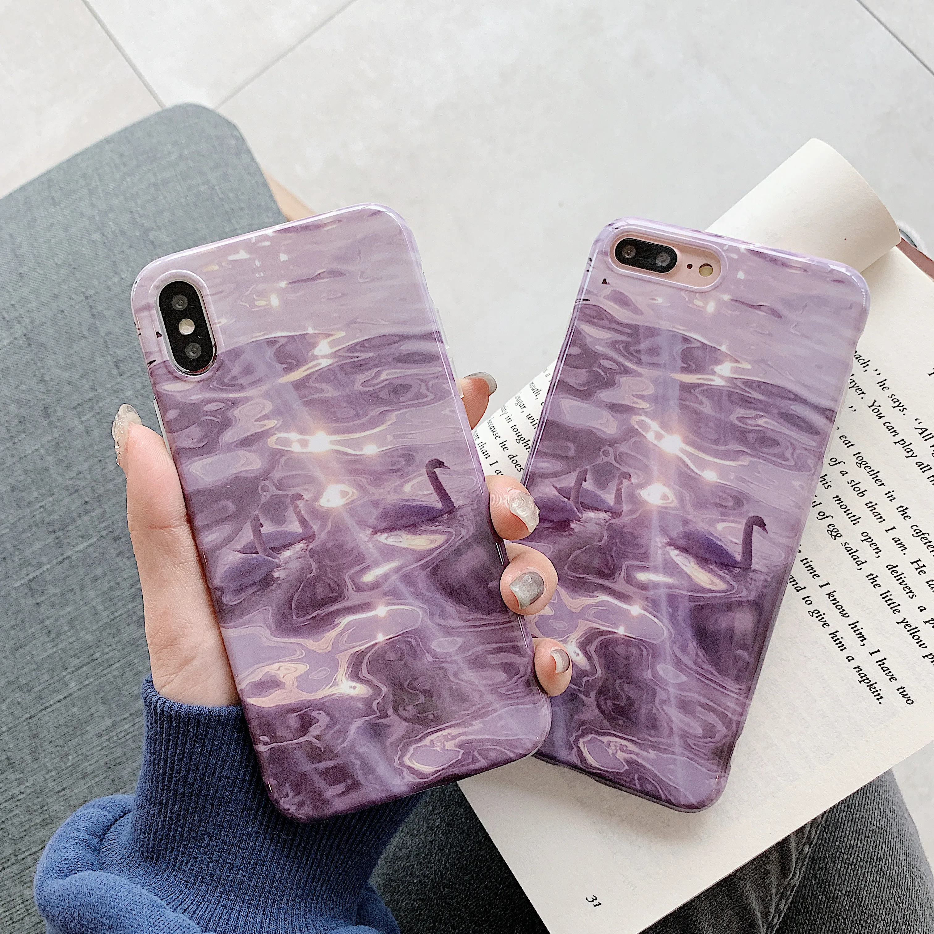 

Art Silicone Phone Case for iphone 6 6S Plus X XS MAX Purple Water Ripple Swan Case for iPhone XR 7 8Plus Soft Back Cover Coque