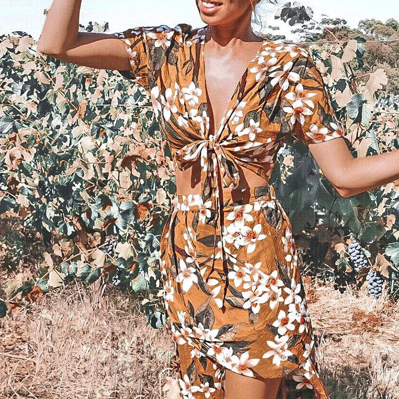 

Melegant Fashion Floral Print 2 Pcs Skirt Suit Women 2019 Summer Sexy V Neck Blouse Female Vintage Holiday Bodycon Skirt