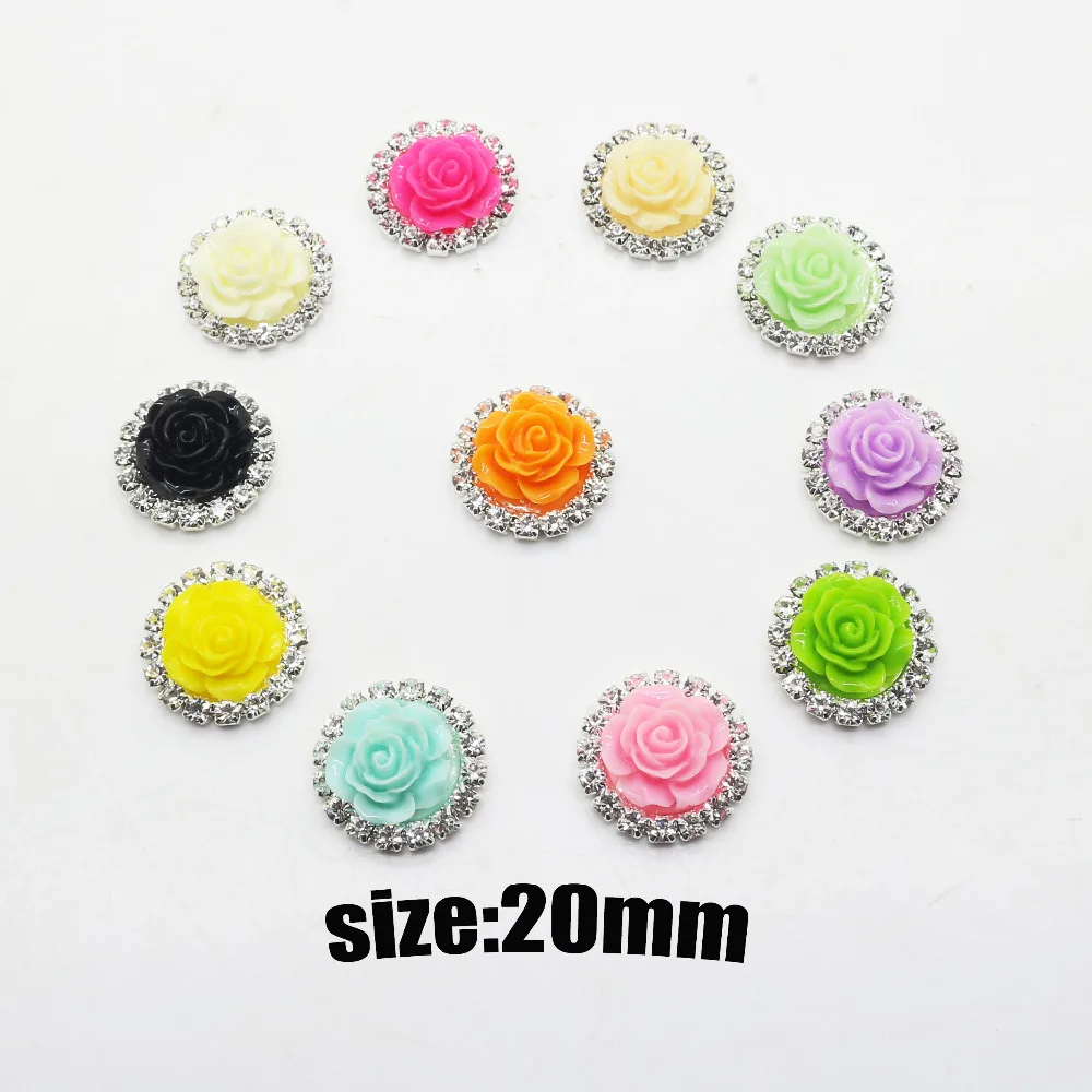 

hot new 10pcs 20mm resin rose rhinestone button mix colors for diy invitation wedding decoration buckles.