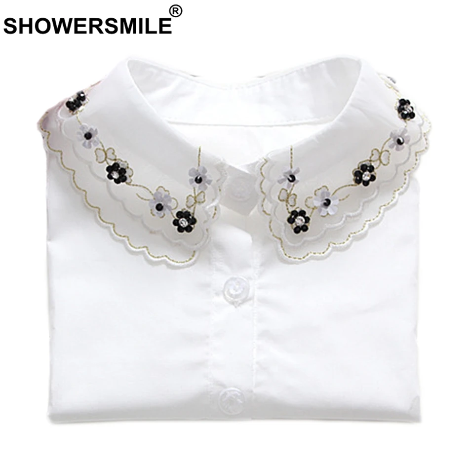 SHOWERSMILE искусственный воротник для женщин вышивка съемные воротники хлопок женский белый жемчуг Съемная модная Блуза Топ рубашка воротник