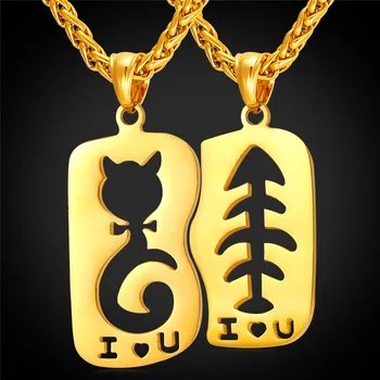 

2016 2pcs couple pendant stainless steel necklaces for lovers cat fish necklace suit christmas gifts I LOVE U Carving P284