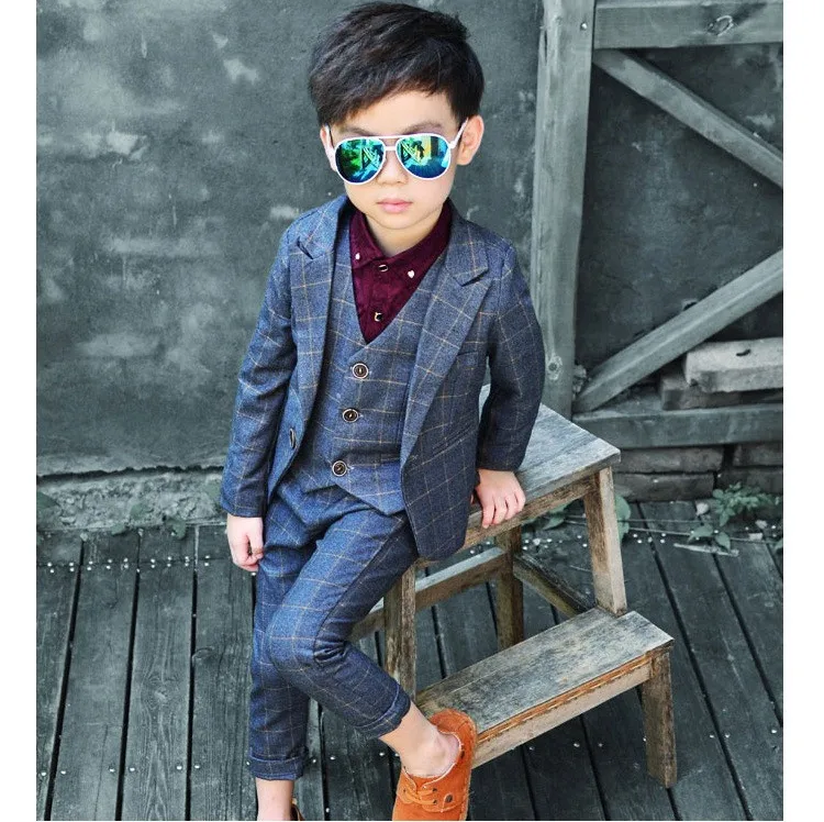 Flower Boys Plaid Wedding Suit Brand England Style Gentle Boy Formal Tuxedos Suit Kids Spring 3Pcs Clothing Set Costume N68