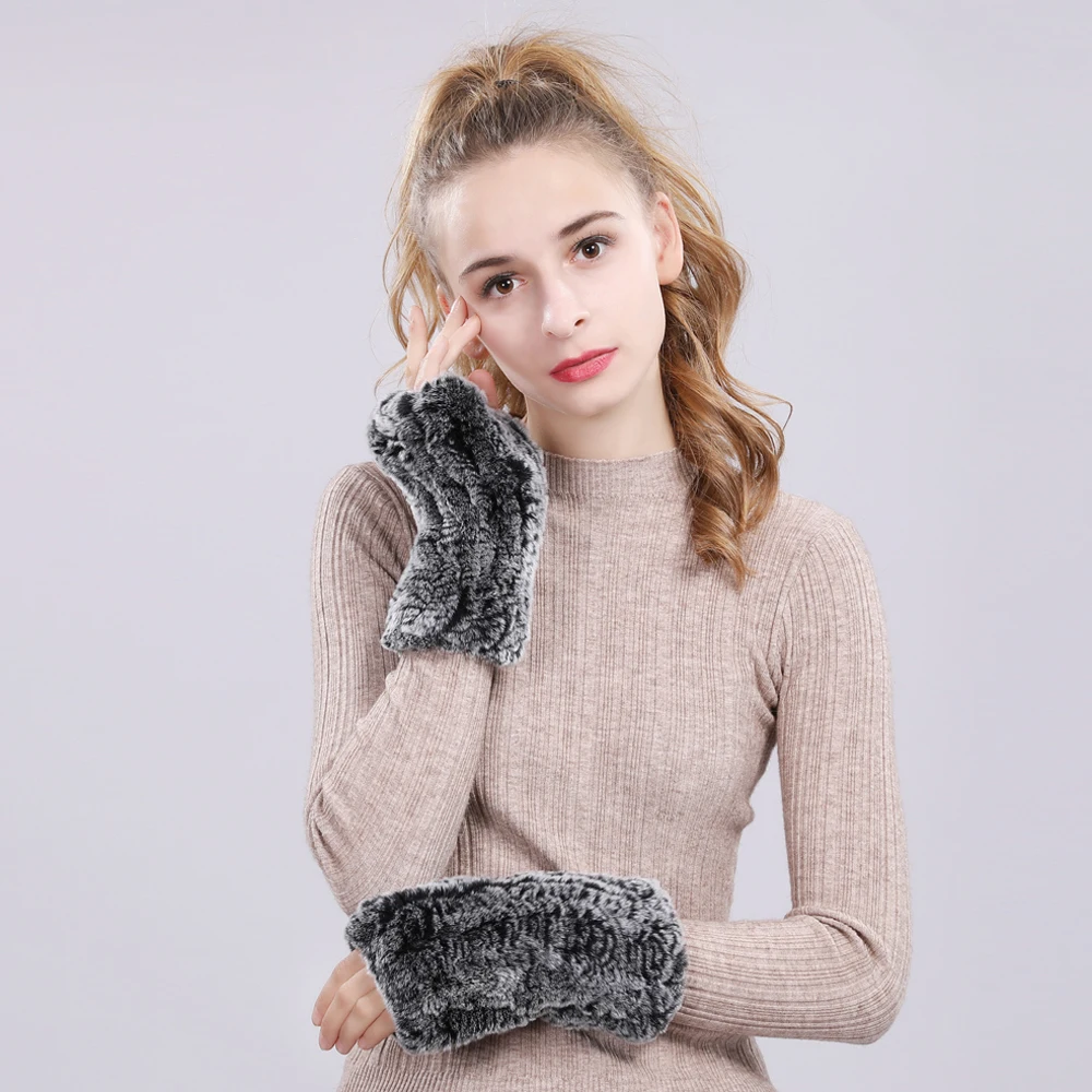 Good Elastic Women Real Genuine Knitted Rex Rabbit Fur Fingerless Gloves Mittens Warm Natural Rex Rabbit Fur Gloves