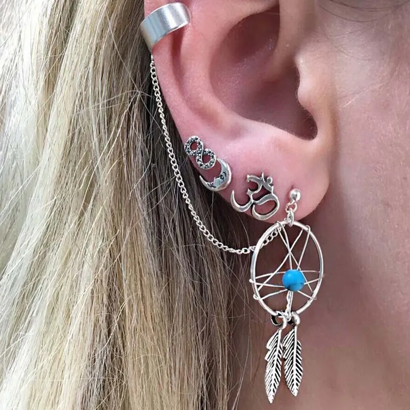 

Gypsy Boho Ancient Silver Stud Earrings Set 4PCS Woman Dream Catcher Earring Moon Cartilage Earings Ear Cuff Clips