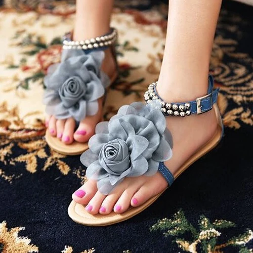 

Big size Gladiator Sandals for Women Bohemia Beaded Summer Flower Flat Heels Flip Flops Women's Shoes Tstraps Sandals