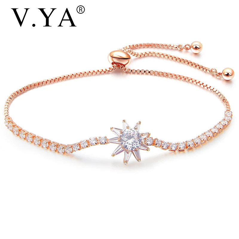 V.YA Newest Flower Zircon Bracelet For Women Rose Gold Crystal Bead Bangles Adjustable Female Gift | Украшения и аксессуары