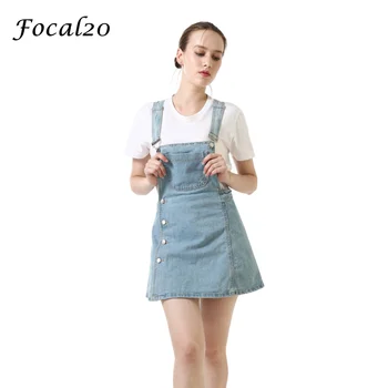 

Focal20 Casual Women Denim Playsuit Button Zipper Adjustable Strap Short Jeans Pantskirt Jumpsuit