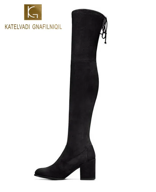 Cheap Women Boots Black Kid Suede Over The Knee Boots Winter Boots Women Sexy Slim Fit Stretch Suede Thigh High Boots Botas K-032