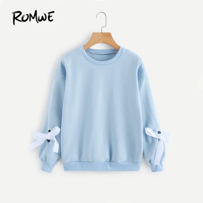 

ROMWE Autumn Eyelet Tie Sleeve Sweatshirt Ladies Round Neck Casual Top Blue Women Drop Shoulder Long Sleeve Sweatshirt