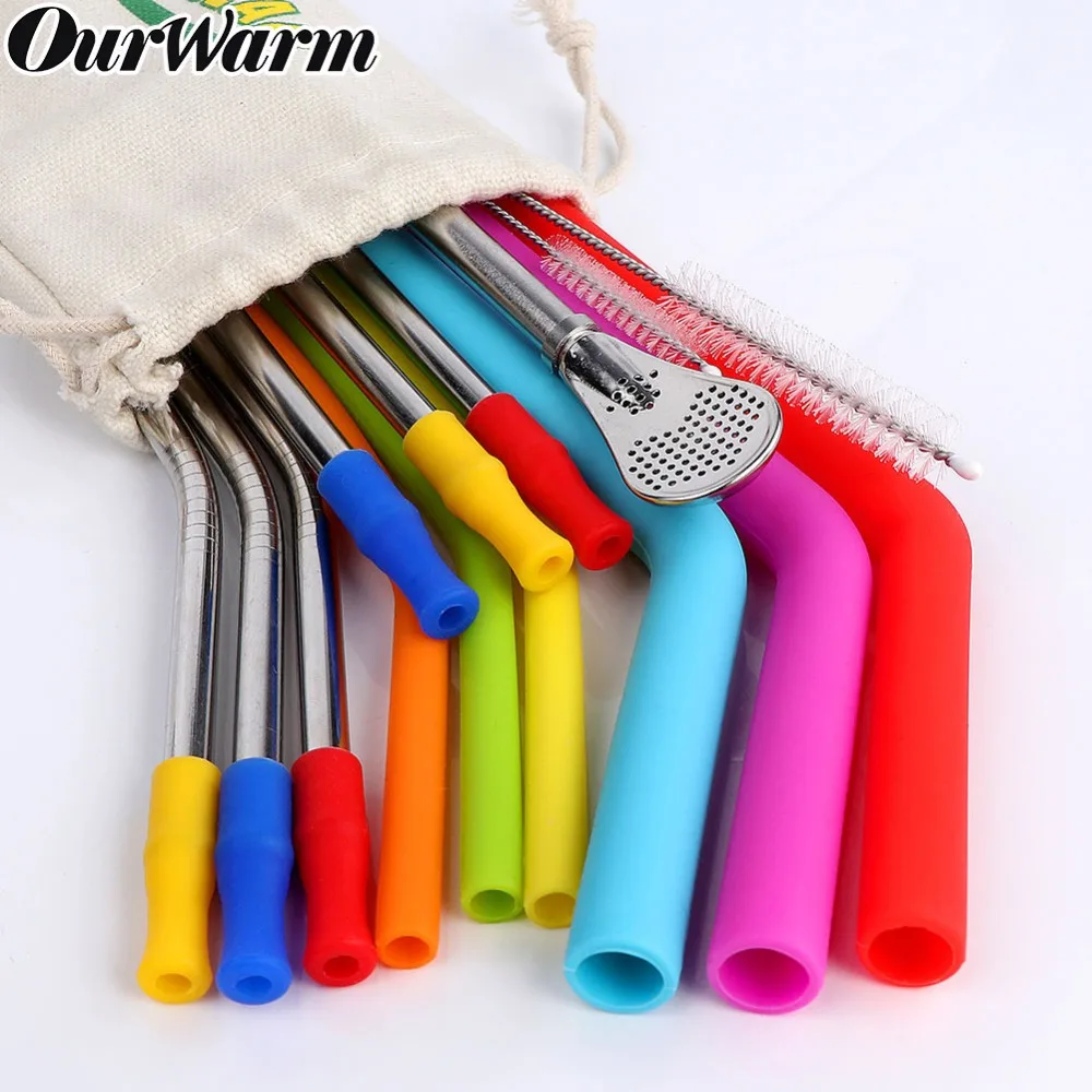 

OurWarm Straight Bent Long Metal Drinking Straws Reusable Silicone Straws Wedding Birthday Bachelor Party With Cleaner Brush