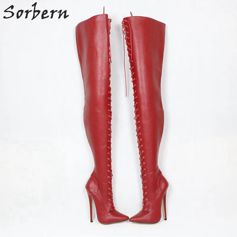 Sorbern матовый цвет красного вина на заказ 85 см; ботинки с высоким голенищем для Для женщин сапоги до бедра, ультравысокий каблук 18 см; обувь на высоком тонком каблуке Жесткий Вал очень высокие сапоги женская обувь
