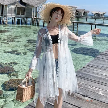 

Bikini Beach Dress Swimsuit Cover Up Beach Woman 2019 Sunscreen Robe De Plage White Sexy See-through Beach Dress Beach Wear