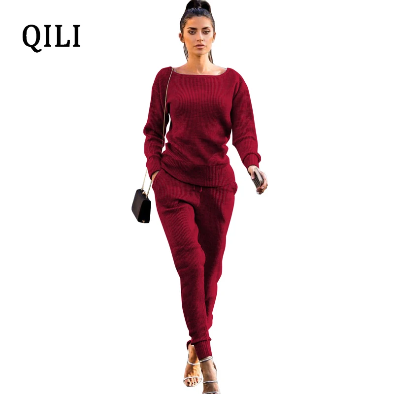 

QILI Women Knitted Jumpsuits Autumn Winter Long Sleeve 2 piece Set Office Lady Work Womens Jumpsuit Casual Overalls Plus Size