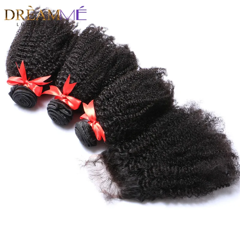 Бразильские афро кудрявые вьющиеся волосы 3 пучки с кружевной застежкой натуральные волосы пучки с закрытием не клубок Remy Dreaming queen