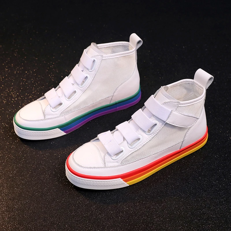 

Women High Top Trendy Casual Breathable Sneakers White Canvas Shoes Ladies Summer Autumn Colorful Sole Women Casual Shoes 2019