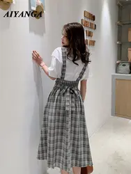 Для женщин юбка мода 2019 г. Saia дамы юбки с подтяжками s повседневное высокая Талия Длинные Винтаж Лето клетчатая