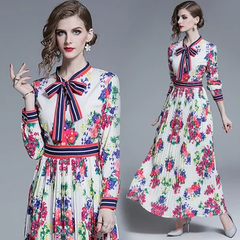

Runway Woman Maxi Pleated Dress Bow-neck Female Slim A-line Dresses Ladies Floral Print Long Dress Party Spring New Woman Dress