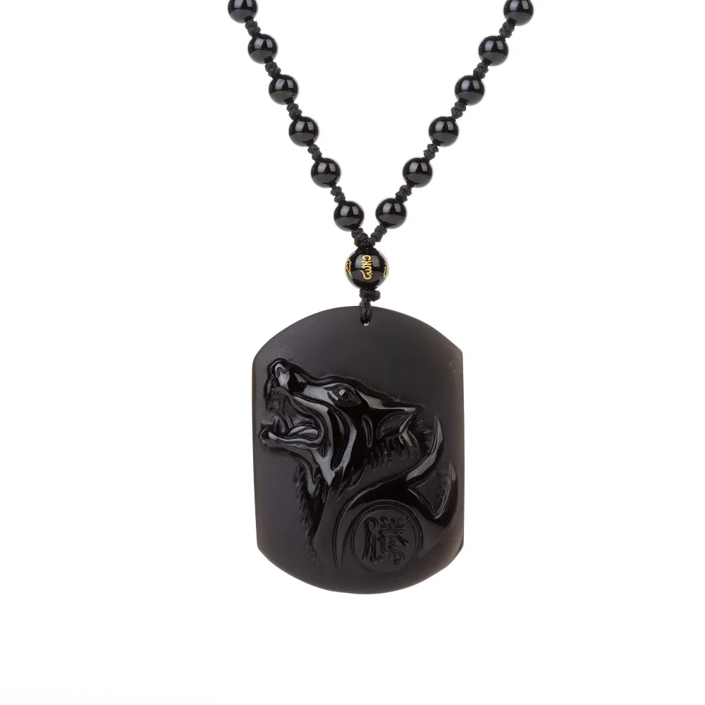 

Obsidian Wolf Pendant Necklace Wealthy Symbol Handmade Beaded Knotted Chain