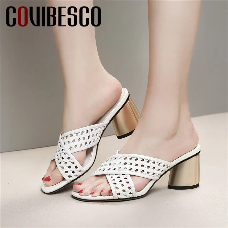 

COVIBESCO Fashion Vintage Square Toe Slip On Women Sandals 2019 Summer New Pu Leather Hollow High Heels Party Casual Shoes Woman