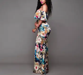 Women Boho Maxi Dress Summer Style Off Shoulder Ruffled Floral Print backless Long Dresses Feminine Floor Length Gown off shoulder random floral print dress in pink